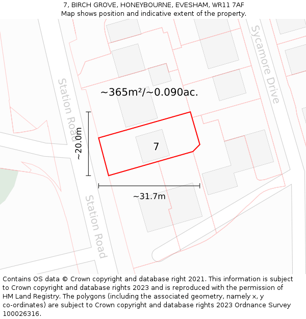 7, BIRCH GROVE, HONEYBOURNE, EVESHAM, WR11 7AF: Plot and title map