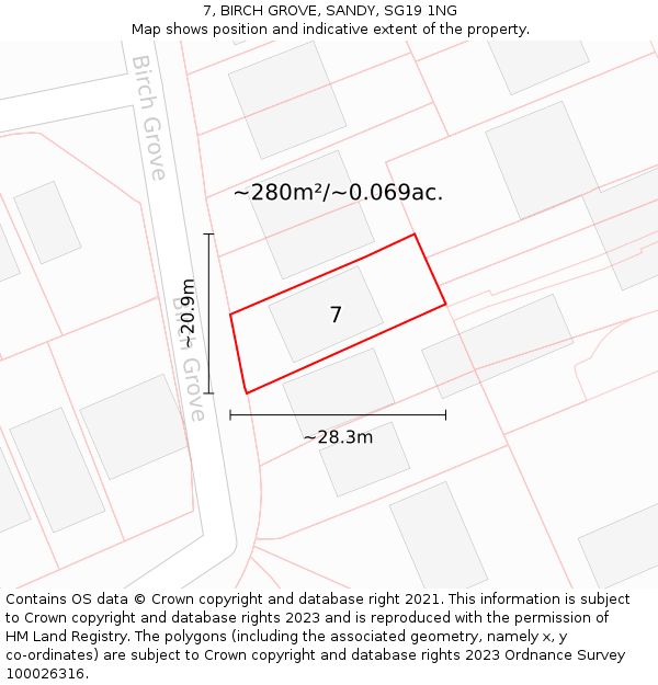 7, BIRCH GROVE, SANDY, SG19 1NG: Plot and title map