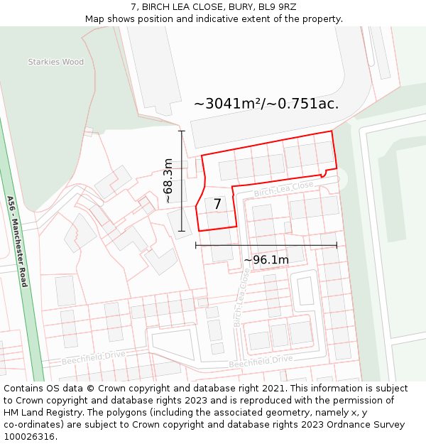 7, BIRCH LEA CLOSE, BURY, BL9 9RZ: Plot and title map