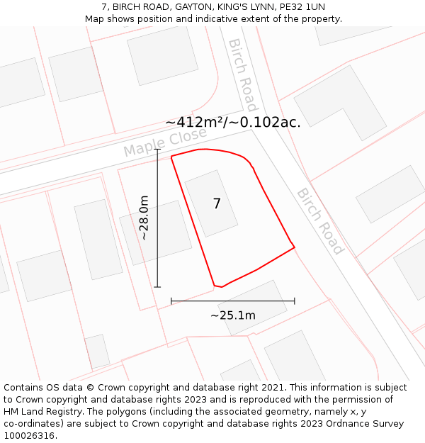 7, BIRCH ROAD, GAYTON, KING'S LYNN, PE32 1UN: Plot and title map