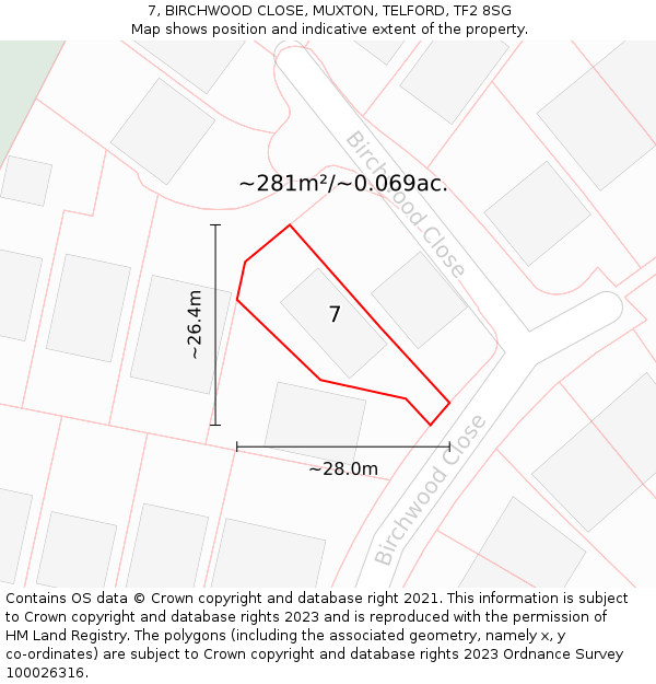7, BIRCHWOOD CLOSE, MUXTON, TELFORD, TF2 8SG: Plot and title map