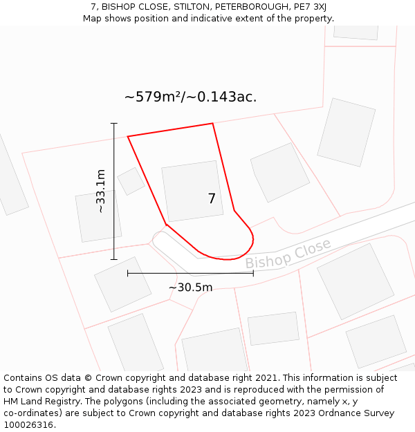 7, BISHOP CLOSE, STILTON, PETERBOROUGH, PE7 3XJ: Plot and title map