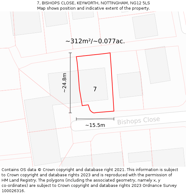 7, BISHOPS CLOSE, KEYWORTH, NOTTINGHAM, NG12 5LS: Plot and title map