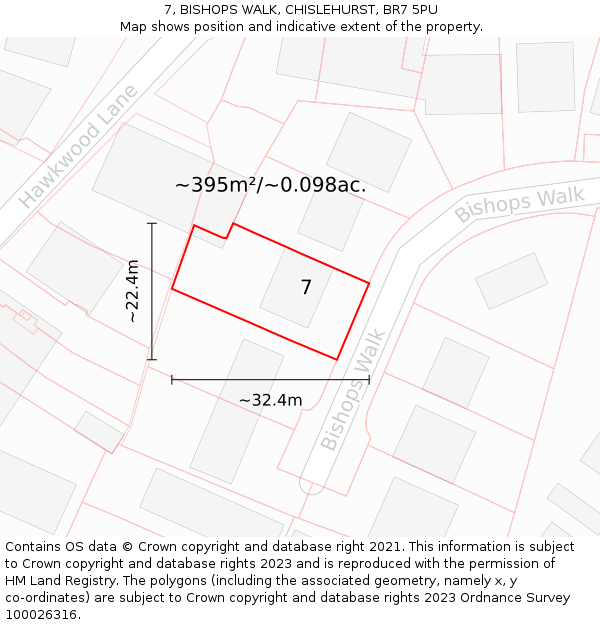 7, BISHOPS WALK, CHISLEHURST, BR7 5PU: Plot and title map