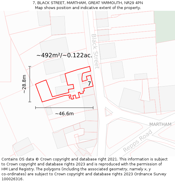7, BLACK STREET, MARTHAM, GREAT YARMOUTH, NR29 4PN: Plot and title map