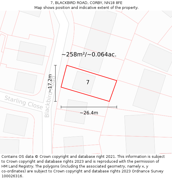 7, BLACKBIRD ROAD, CORBY, NN18 8FE: Plot and title map