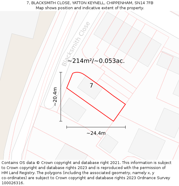 7, BLACKSMITH CLOSE, YATTON KEYNELL, CHIPPENHAM, SN14 7FB: Plot and title map