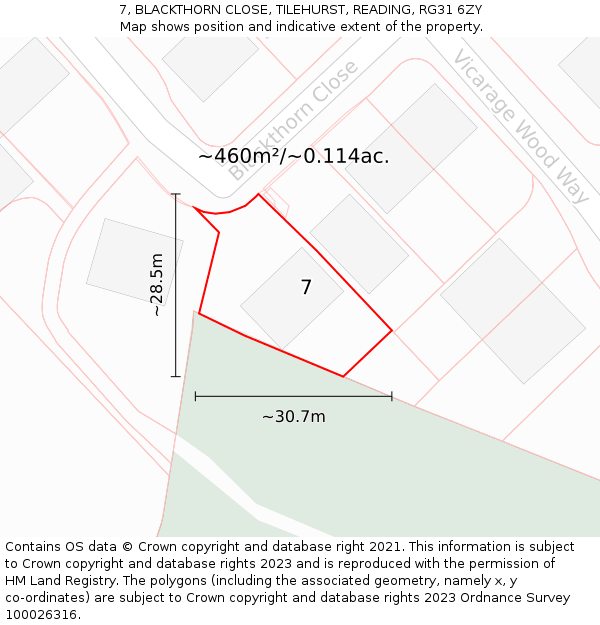 7, BLACKTHORN CLOSE, TILEHURST, READING, RG31 6ZY: Plot and title map