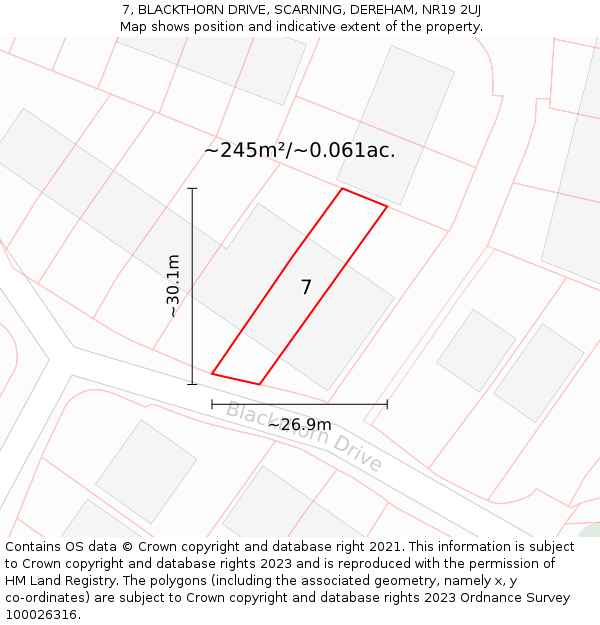 7, BLACKTHORN DRIVE, SCARNING, DEREHAM, NR19 2UJ: Plot and title map