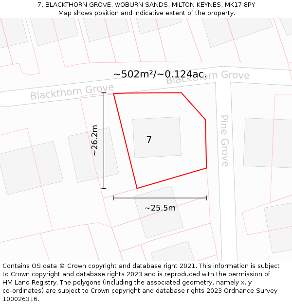 7, BLACKTHORN GROVE, WOBURN SANDS, MILTON KEYNES, MK17 8PY: Plot and title map