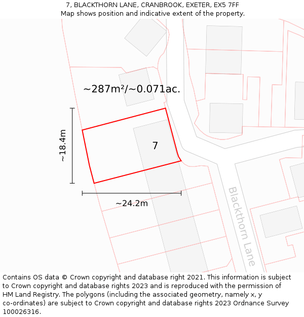 7, BLACKTHORN LANE, CRANBROOK, EXETER, EX5 7FF: Plot and title map