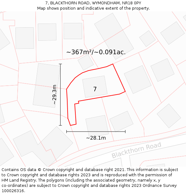 7, BLACKTHORN ROAD, WYMONDHAM, NR18 0PY: Plot and title map