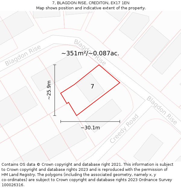 7, BLAGDON RISE, CREDITON, EX17 1EN: Plot and title map