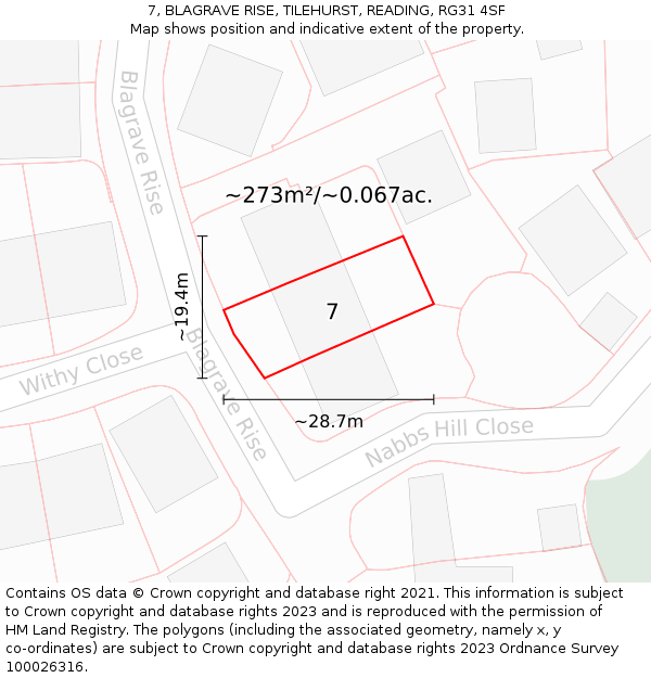 7, BLAGRAVE RISE, TILEHURST, READING, RG31 4SF: Plot and title map