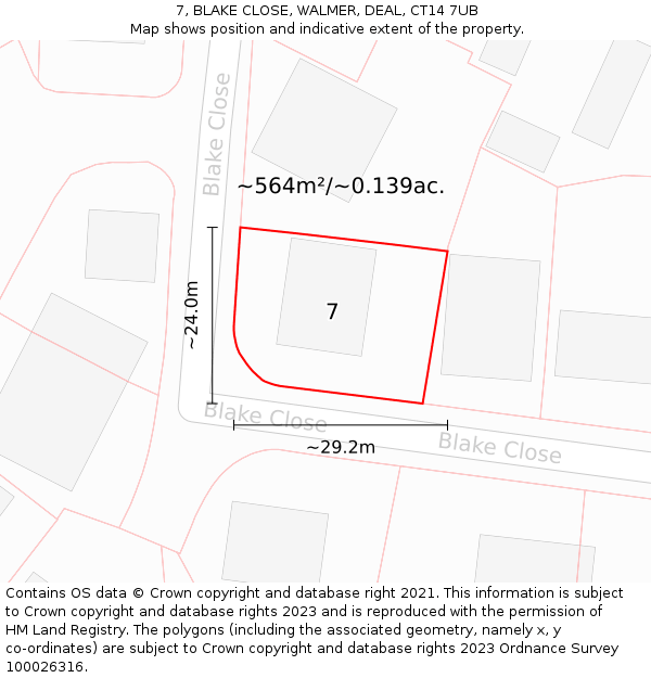 7, BLAKE CLOSE, WALMER, DEAL, CT14 7UB: Plot and title map