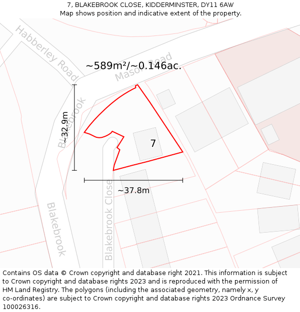 7, BLAKEBROOK CLOSE, KIDDERMINSTER, DY11 6AW: Plot and title map