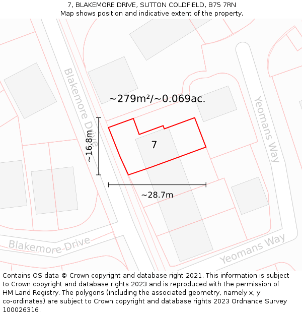 7, BLAKEMORE DRIVE, SUTTON COLDFIELD, B75 7RN: Plot and title map