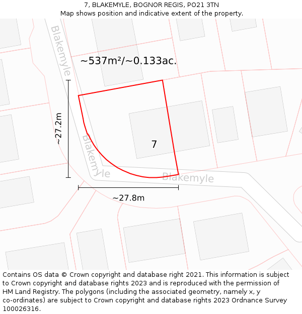7, BLAKEMYLE, BOGNOR REGIS, PO21 3TN: Plot and title map
