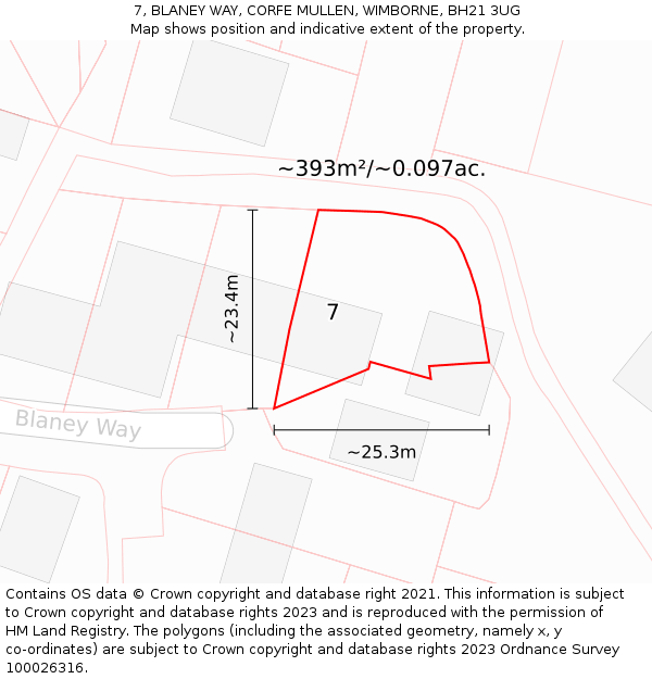7, BLANEY WAY, CORFE MULLEN, WIMBORNE, BH21 3UG: Plot and title map