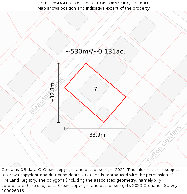7, BLEASDALE CLOSE, AUGHTON, ORMSKIRK, L39 6RU: Plot and title map