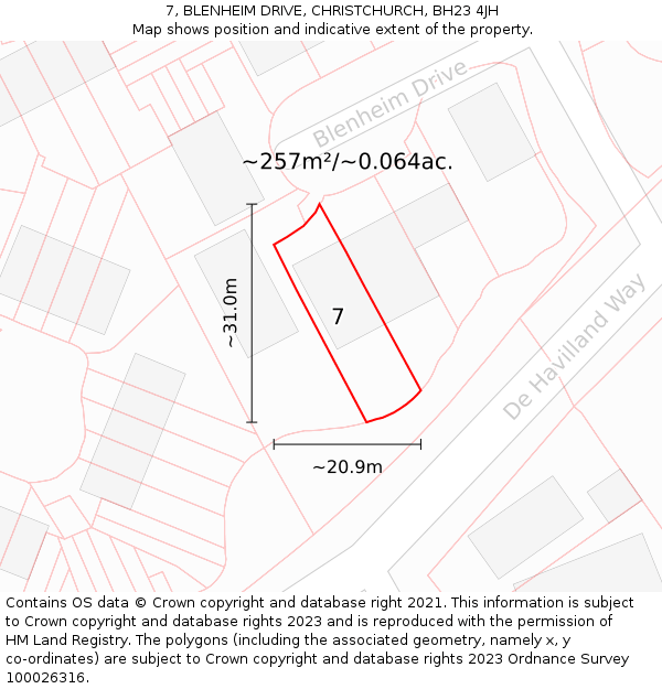 7, BLENHEIM DRIVE, CHRISTCHURCH, BH23 4JH: Plot and title map