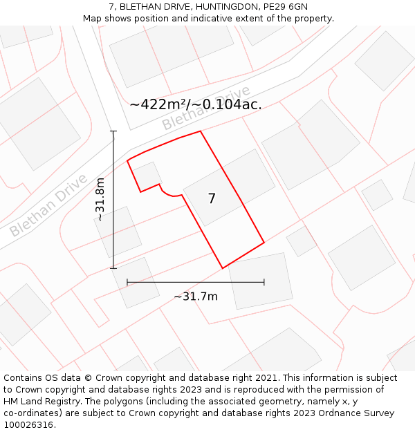 7, BLETHAN DRIVE, HUNTINGDON, PE29 6GN: Plot and title map