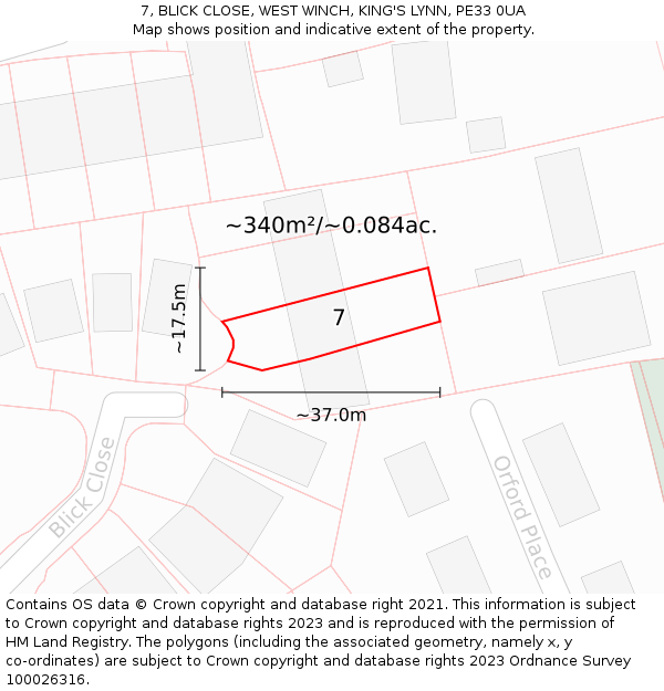 7, BLICK CLOSE, WEST WINCH, KING'S LYNN, PE33 0UA: Plot and title map