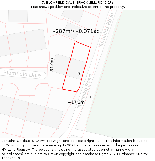 7, BLOMFIELD DALE, BRACKNELL, RG42 1FY: Plot and title map