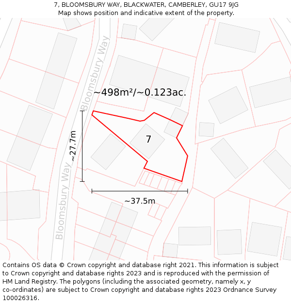 7, BLOOMSBURY WAY, BLACKWATER, CAMBERLEY, GU17 9JG: Plot and title map