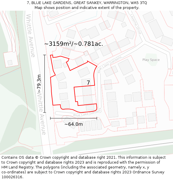 7, BLUE LAKE GARDENS, GREAT SANKEY, WARRINGTON, WA5 3TQ: Plot and title map
