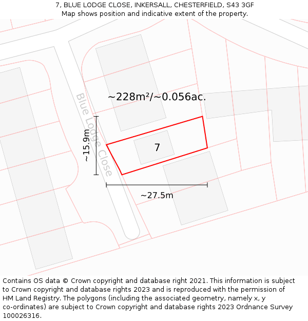 7, BLUE LODGE CLOSE, INKERSALL, CHESTERFIELD, S43 3GF: Plot and title map