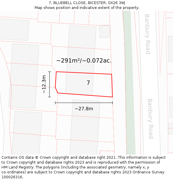 7, BLUEBELL CLOSE, BICESTER, OX26 3WJ: Plot and title map