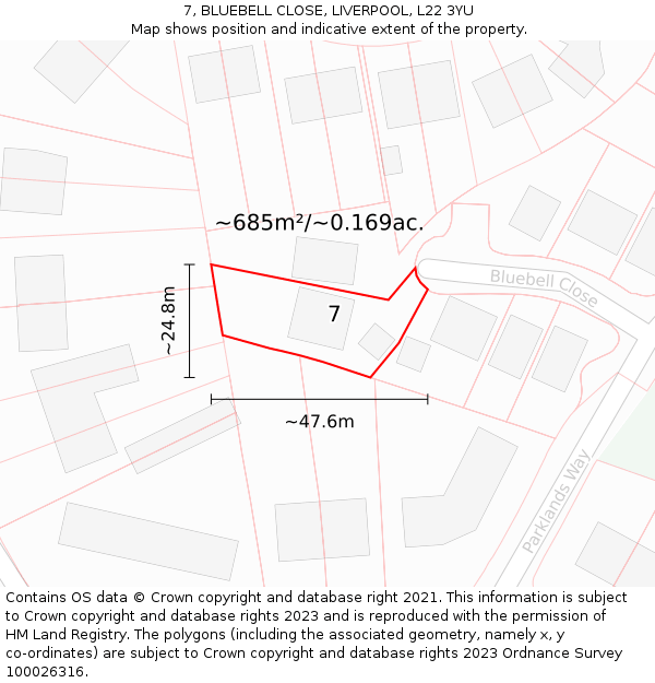 7, BLUEBELL CLOSE, LIVERPOOL, L22 3YU: Plot and title map