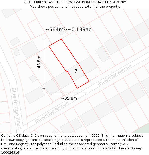 7, BLUEBRIDGE AVENUE, BROOKMANS PARK, HATFIELD, AL9 7RY: Plot and title map