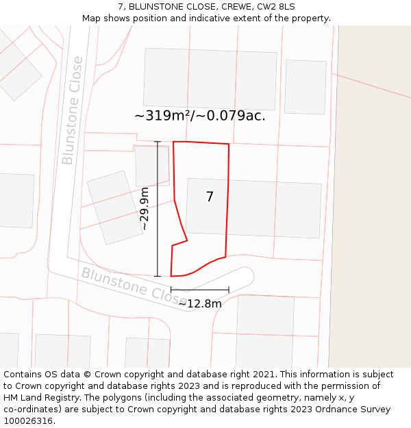 7, BLUNSTONE CLOSE, CREWE, CW2 8LS: Plot and title map