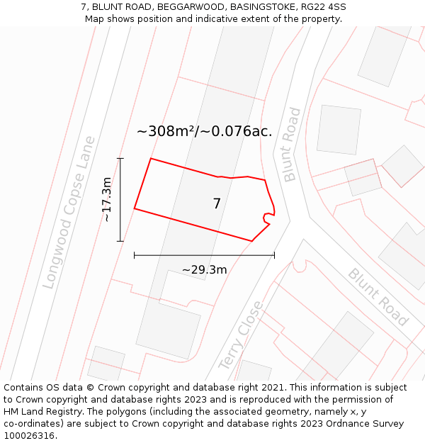 7, BLUNT ROAD, BEGGARWOOD, BASINGSTOKE, RG22 4SS: Plot and title map