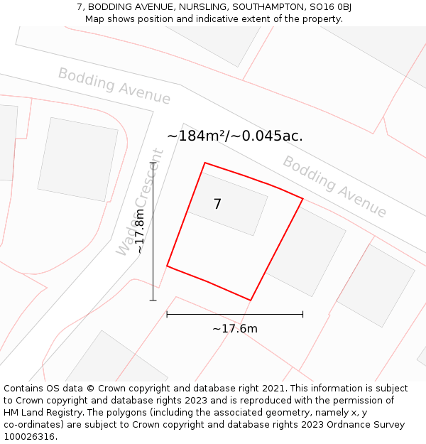 7, BODDING AVENUE, NURSLING, SOUTHAMPTON, SO16 0BJ: Plot and title map