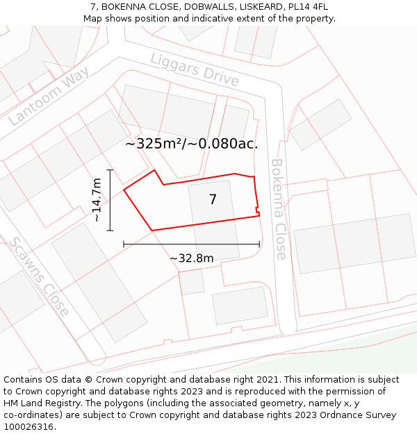 7, BOKENNA CLOSE, DOBWALLS, LISKEARD, PL14 4FL: Plot and title map