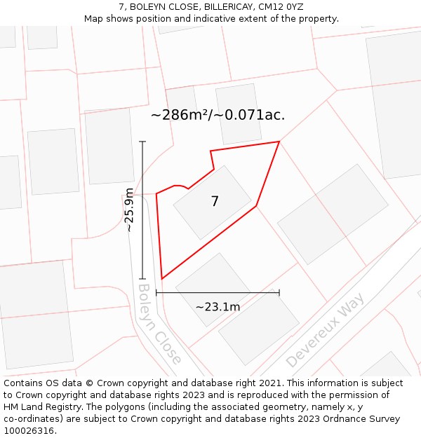 7, BOLEYN CLOSE, BILLERICAY, CM12 0YZ: Plot and title map