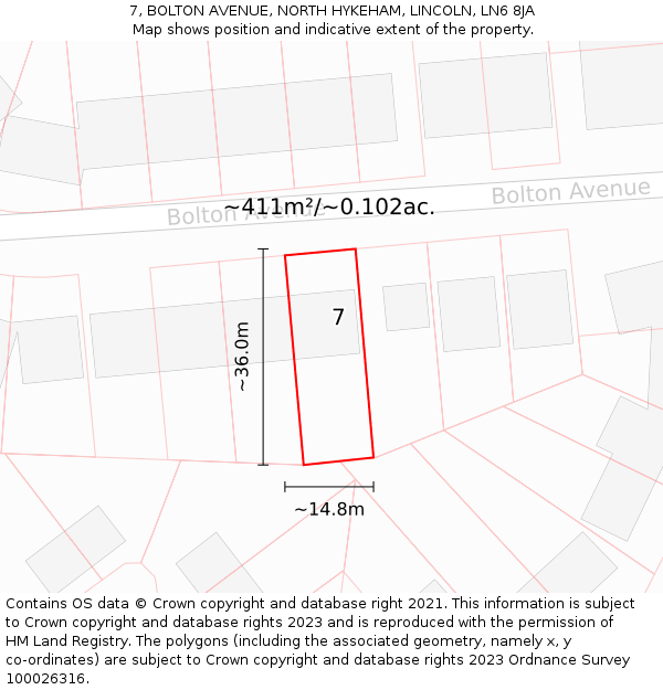 7, BOLTON AVENUE, NORTH HYKEHAM, LINCOLN, LN6 8JA: Plot and title map