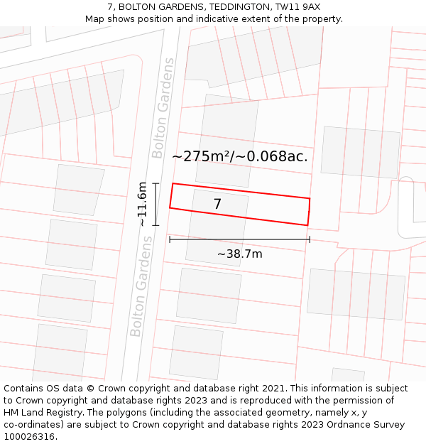 7, BOLTON GARDENS, TEDDINGTON, TW11 9AX: Plot and title map