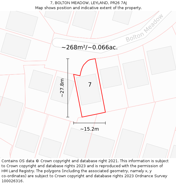 7, BOLTON MEADOW, LEYLAND, PR26 7AJ: Plot and title map
