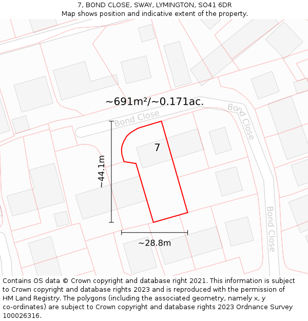 7, BOND CLOSE, SWAY, LYMINGTON, SO41 6DR: Plot and title map