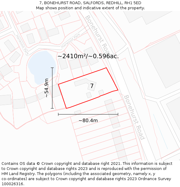 7, BONEHURST ROAD, SALFORDS, REDHILL, RH1 5ED: Plot and title map
