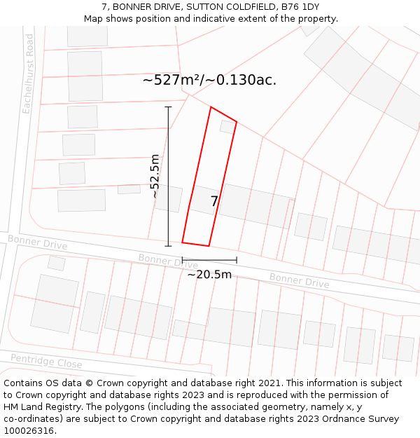 7, BONNER DRIVE, SUTTON COLDFIELD, B76 1DY: Plot and title map