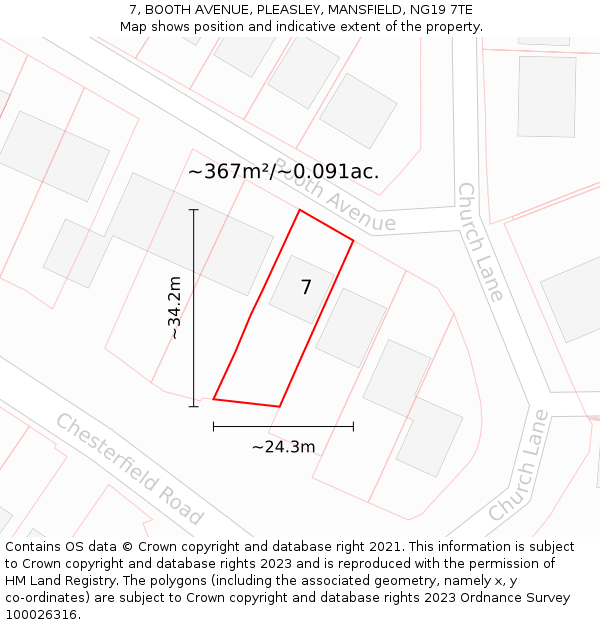 7, BOOTH AVENUE, PLEASLEY, MANSFIELD, NG19 7TE: Plot and title map