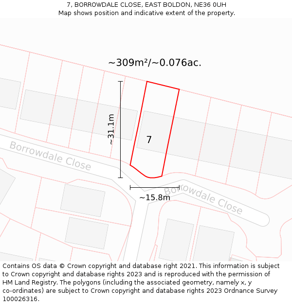 7, BORROWDALE CLOSE, EAST BOLDON, NE36 0UH: Plot and title map