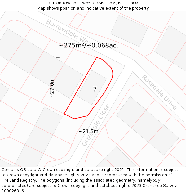 7, BORROWDALE WAY, GRANTHAM, NG31 8QX: Plot and title map