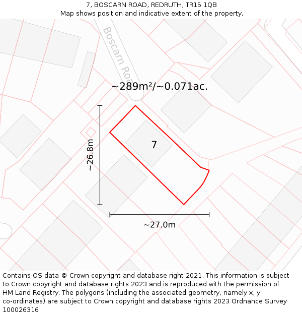7, BOSCARN ROAD, REDRUTH, TR15 1QB: Plot and title map