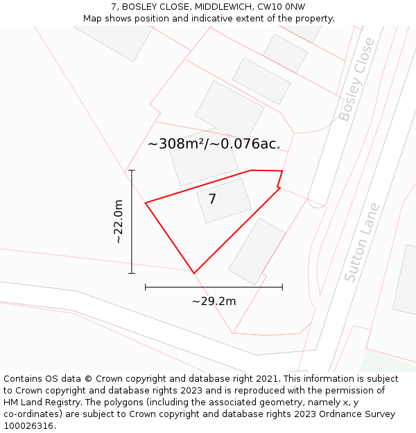 7, BOSLEY CLOSE, MIDDLEWICH, CW10 0NW: Plot and title map
